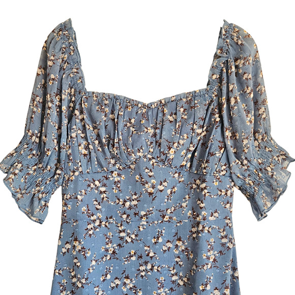 Two Sisters‎ The Label Blue Floral Dress Swiss Dot Slit Midi Length Size US 4 - Picture 2 of 7